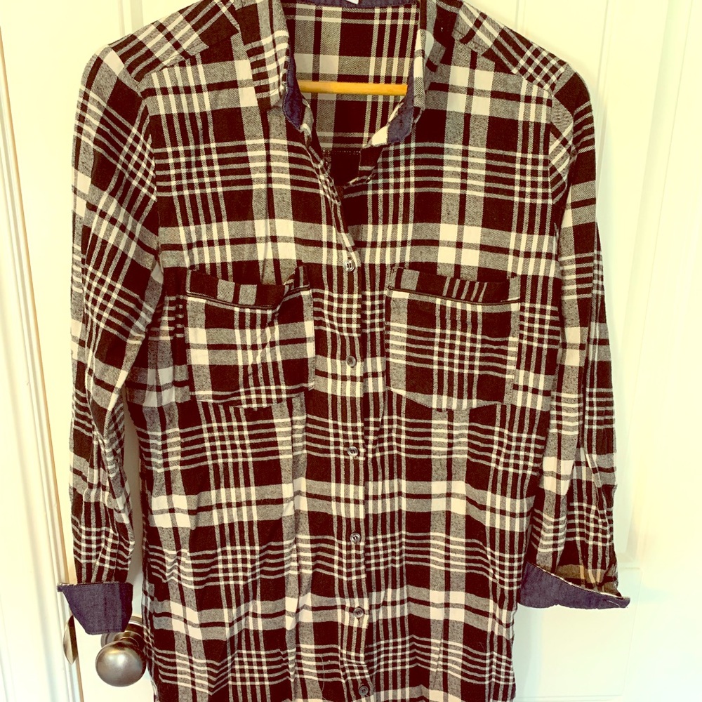 LFD Plaid Shirt Dress, Small, Black/White Denim